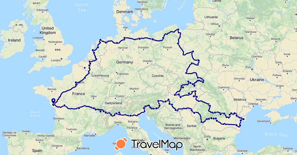 TravelMap itinerary: driving in Austria, Belgium, Germany, France, Hungary, Italy, Netherlands, Poland, Romania, Slovenia, Slovakia (Europe)
